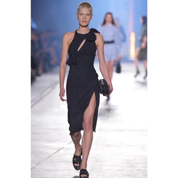 Versace Runway Dress Cut Out Knot Midi Wool Silk Pinstripe Cocktail Slit 2016 44 - Picture 11 of 15